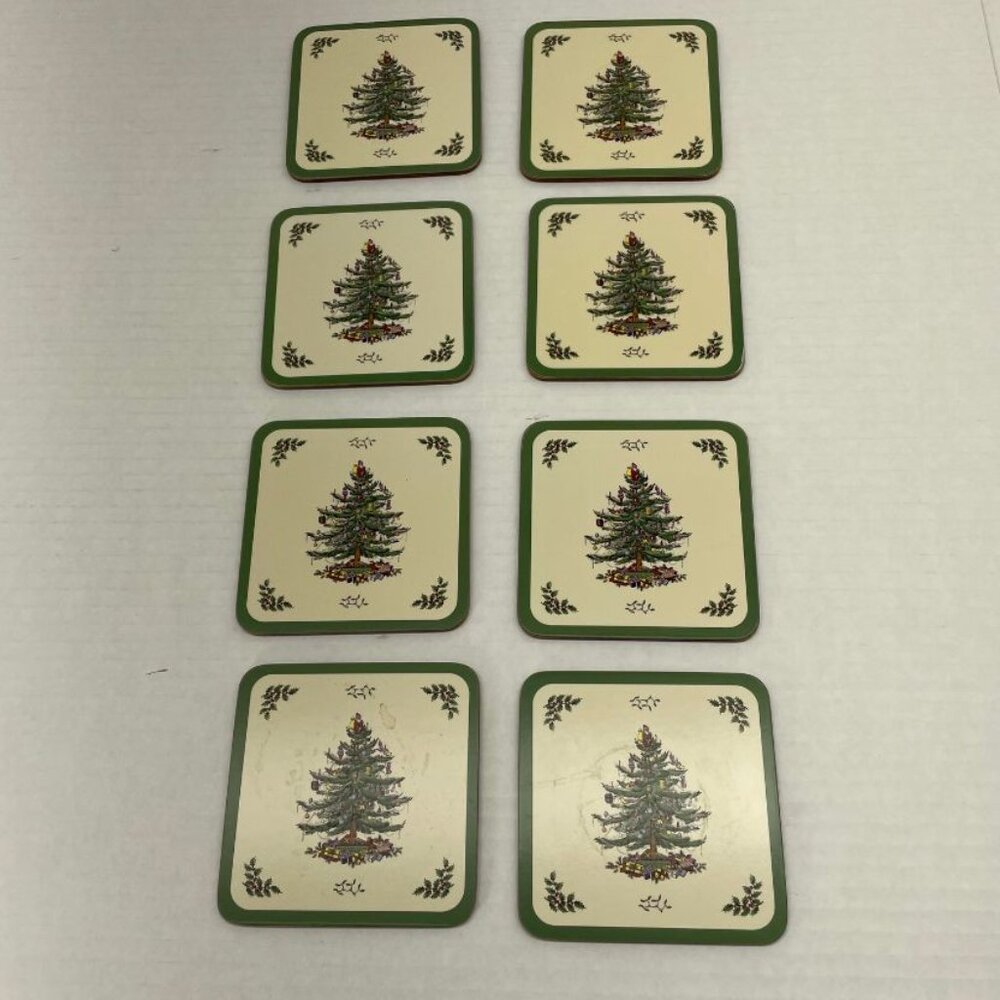 Pimpernel Spode Christmas Tree Coasters - Set of 8 - Square - Cork Back - GUC